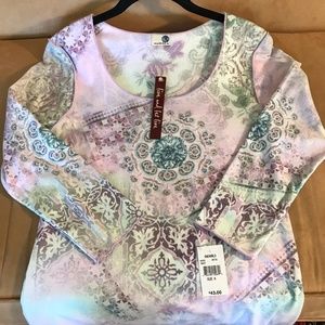 NWT One World Embellished Top Pink Green Shirt M
